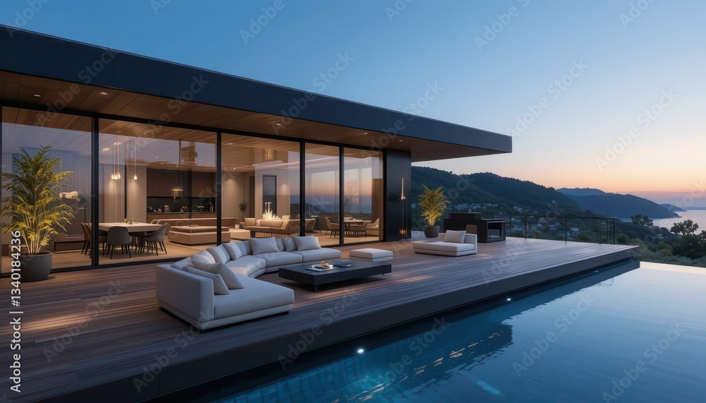 Obraz premium Modern luxury villa with infinity pool overlooking sunset ocean view