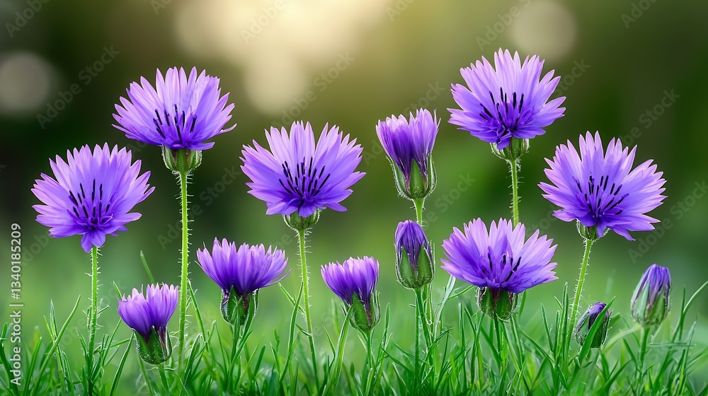 Fototapeta premium Vibrant Purple Wildflowers in a Sunlit Green Field