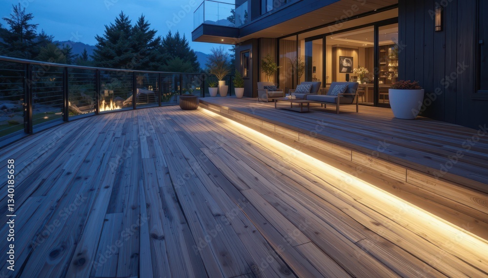 Modern Outdoor Terrace with Ambient Lighting and Mountain View at Dusk Modern Outdoor Terrace with Ambient Lighting and Mountain View at Dusk