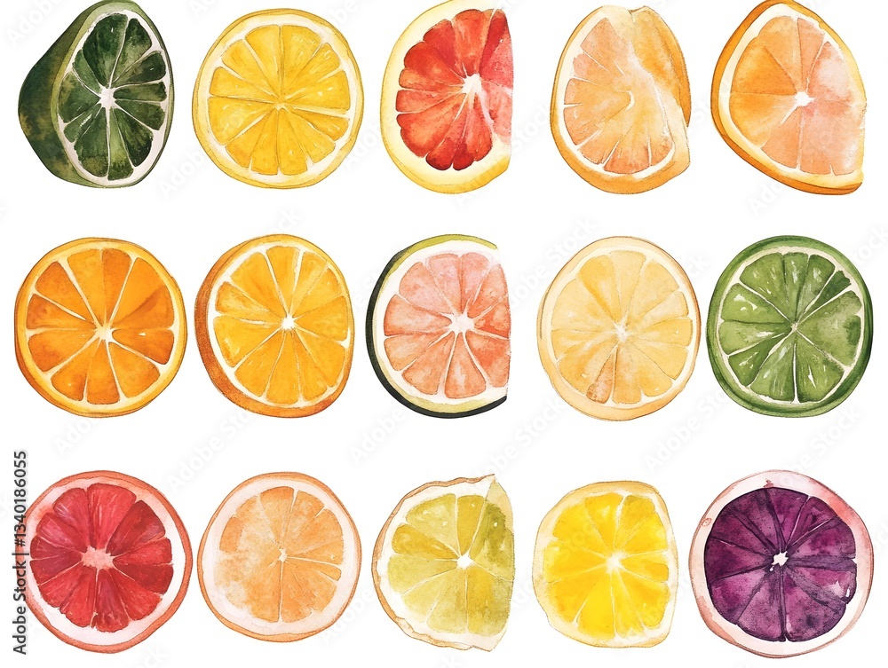 Obraz premium Watercolor Citrus Fruit Slices Oranges Lemons Limes Grapefruits