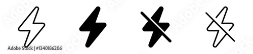 camera flash icon set, flash light off icon - flash thunder power icon, flash lightning bolt icon with thunder bolt - Electric power icon symbol - Power energy icon sign in filled, thin, outline style