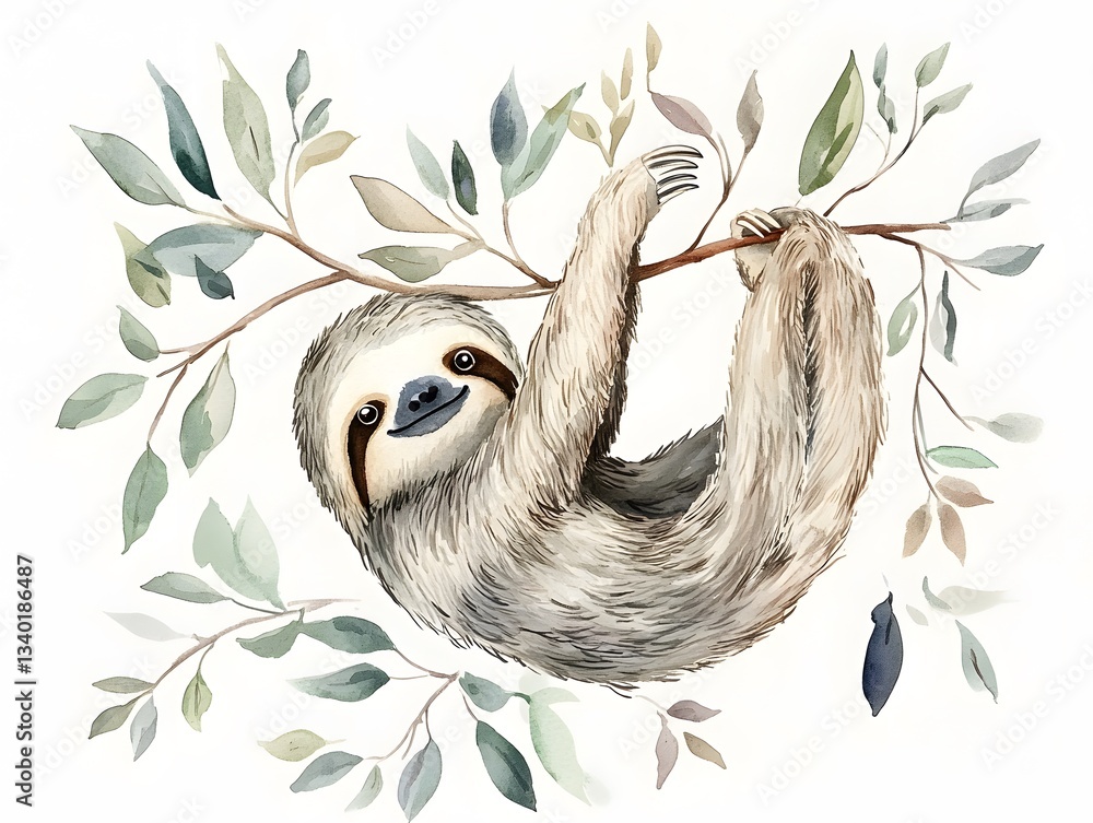 Fototapeta premium Adorable Sloth Hanging on Branch Watercolor Painting Cute Wildlife Art