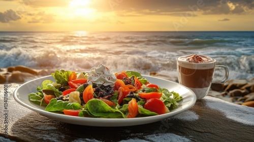 Fresh Salad and Warm Drink by the Ocean at Sunset View and Horizon Line Photography at Coastal Cafe Restaurant with Sea and Waves Scenery Photo During Vacation Holiday Season Photography Photo Shoot