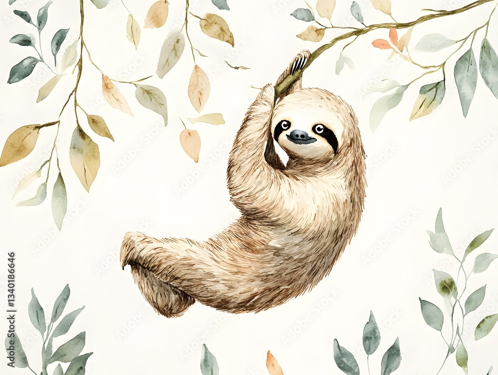 Fototapeta premium Adorable Sloth Hanging on Branch Watercolor Painting