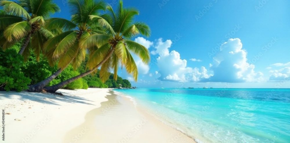 Obraz premium Palm tree-lined beach with turquoise water and soft white sand, vintage, sunset hues, warm light