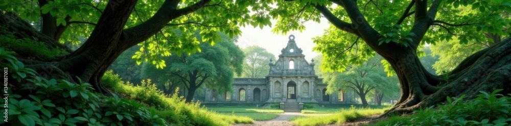 Overlapping branches and leaves of a forest canopy with ancient stone architecture in the background , ancient, landscape Overlapping branches and leaves of a forest canopy with ancient stone architecture in the background , ancient, landscape