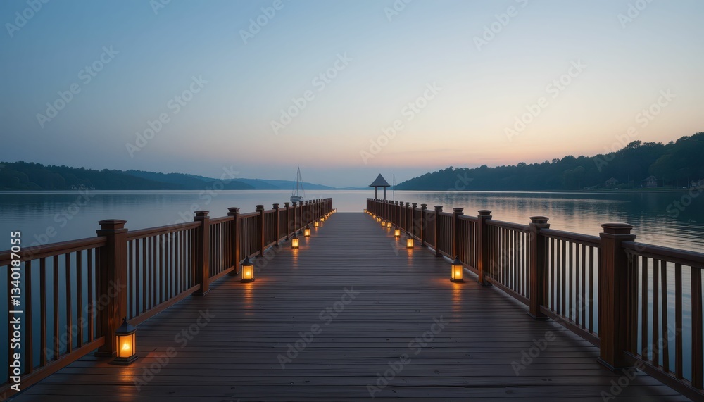 Serene Lakeside Dock at Dusk with Lanterns Illuminating Pathway Serene Lakeside Dock at Dusk with Lanterns Illuminating Pathway