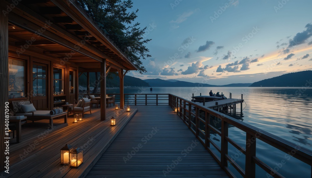 Obraz premium Serene Lakeside Retreat with Lanterns at Dusk and Scenic Views