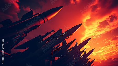 Missiles at sunset, fiery sky backdrop.
