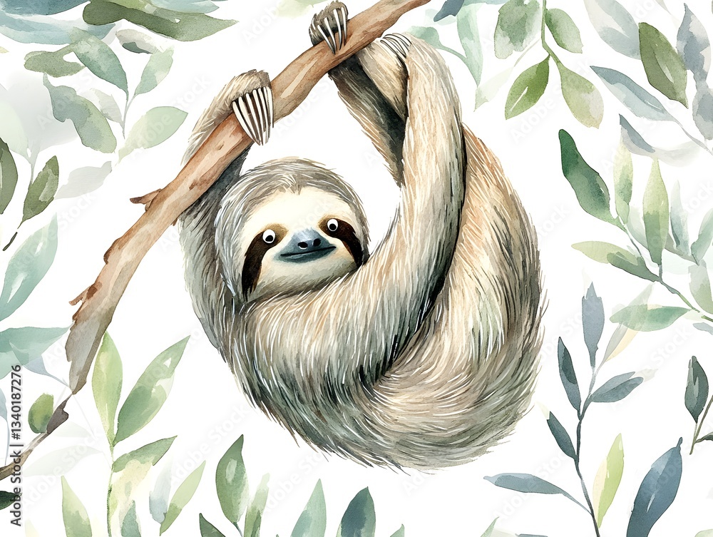 Fototapeta premium Watercolor Sloth Hanging on Branch with Green Leaves