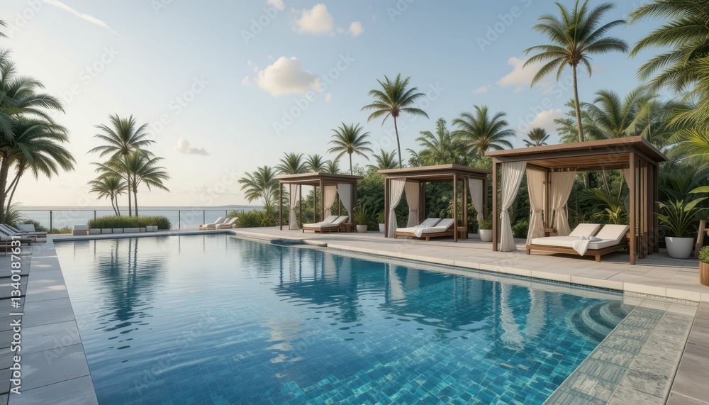 Serene Tropical Poolside with Loungers and Palm Trees at Sunset Serene Tropical Poolside with Loungers and Palm Trees at Sunset