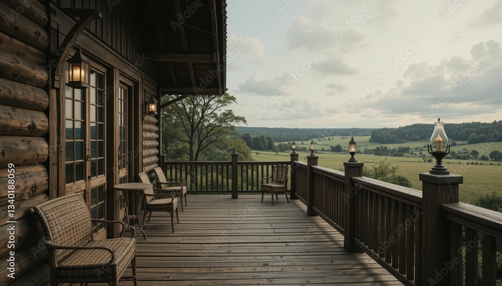 Obraz premium Scenic View from Cozy Cabin Deck Overlooking Serene Landscape