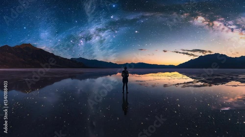 夕焼けと星空に包まれる塩湖の人物