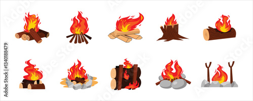 Campfire and Firewood Illustrations with Flames. Collection firewood and campfire illustrations, featuring different styles and arrangements of logs and flames