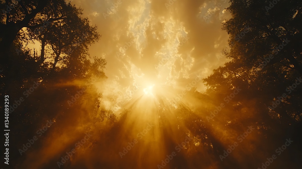 Naklejka premium Golden sun rays bursting through misty forest canopy.
