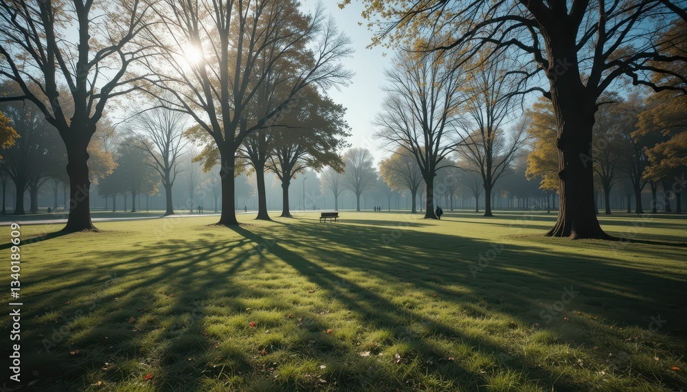Serene Park Landscape with Sunlight and Long Shadows in Morning Serene Park Landscape with Sunlight and Long Shadows in Morning