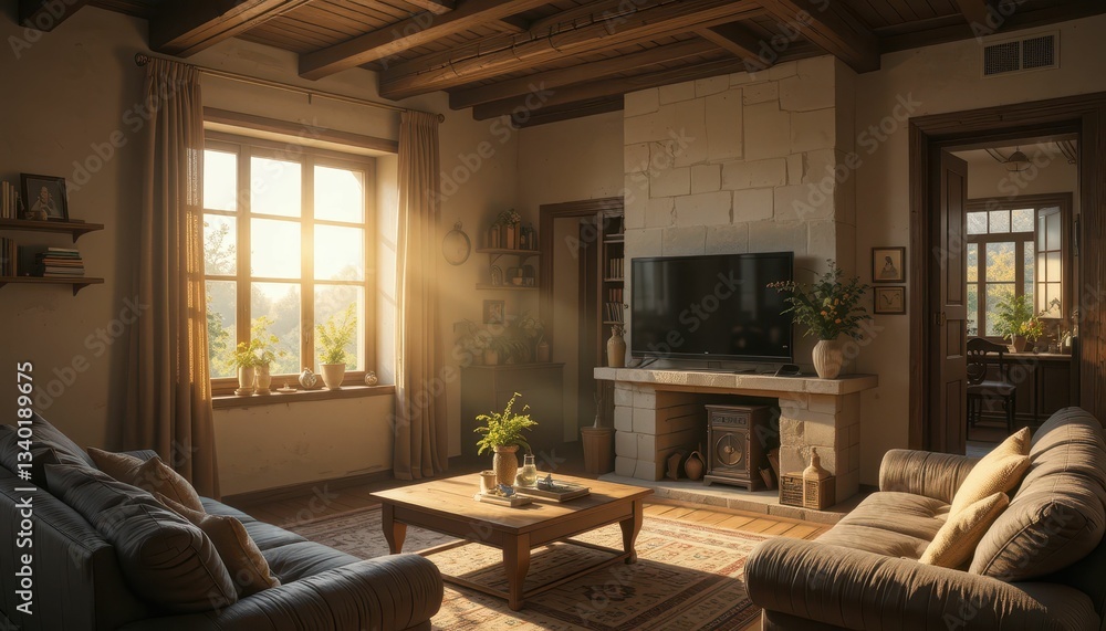 Obraz premium Cozy Living Room with Warm Light and Natural Decor Elements