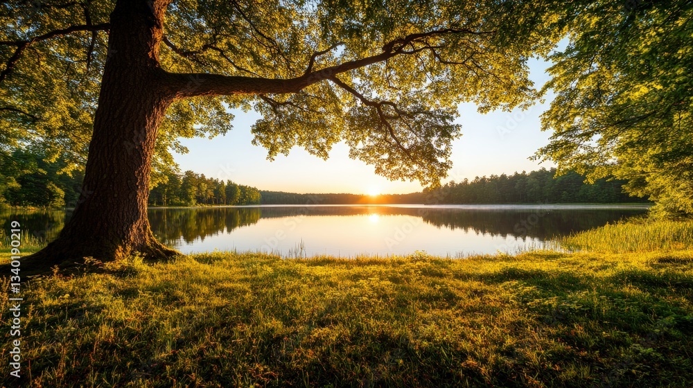 Fototapeta premium A serene tree silhouette against a picturesque lake with calm waters and a beautiful sunset creating a tranquil scene