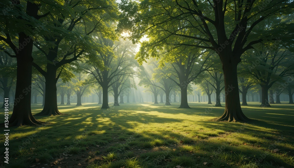 Fototapeta premium Serene Forest Landscape with Sunlight Breaking Through Trees