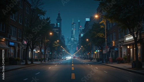 Serene Night Street View of Urban Cityscape with Bright Lights