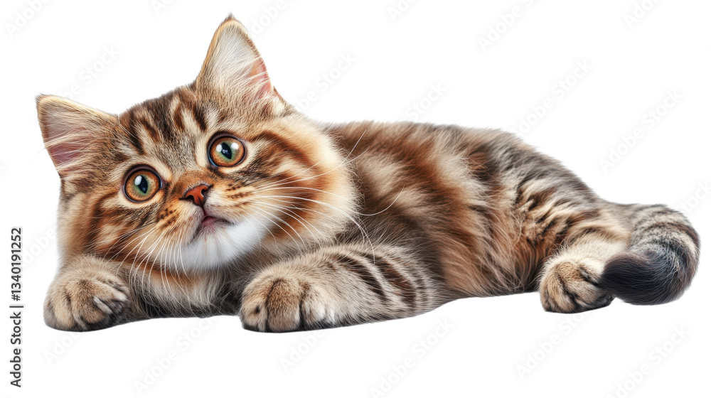 Obraz premium A cat with green eyes is laying on a white background