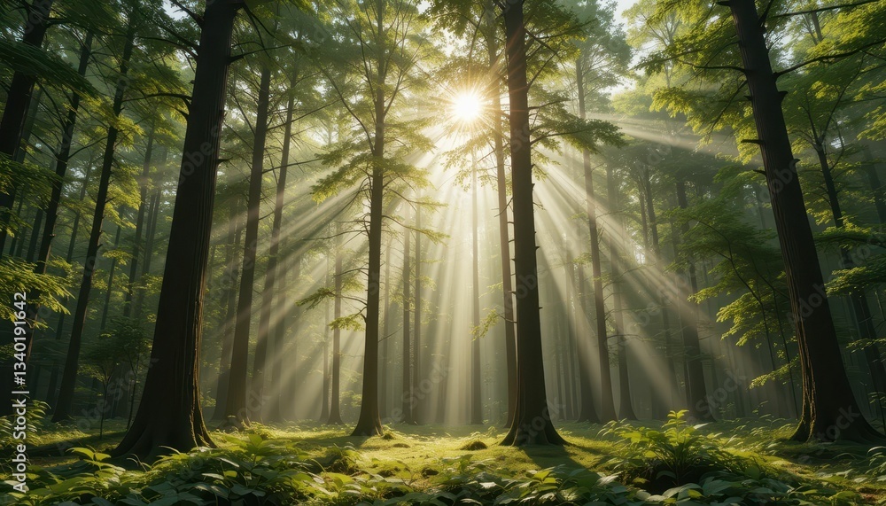 Obraz premium Sunlight Beams Through Tall Trees in Lush Green Forest Scene