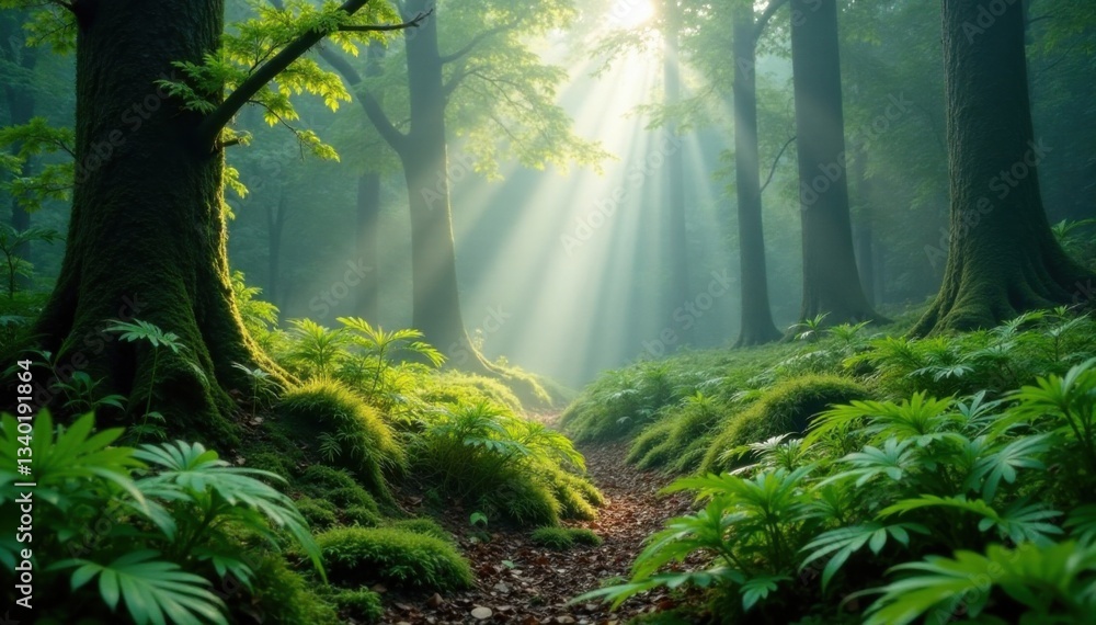 Misty forest clearing with dense growth of ferns and moss, in morning dew , forest, woodland, undergrowth Misty forest clearing with dense growth of ferns and moss, in morning dew , forest, woodland, undergrowth