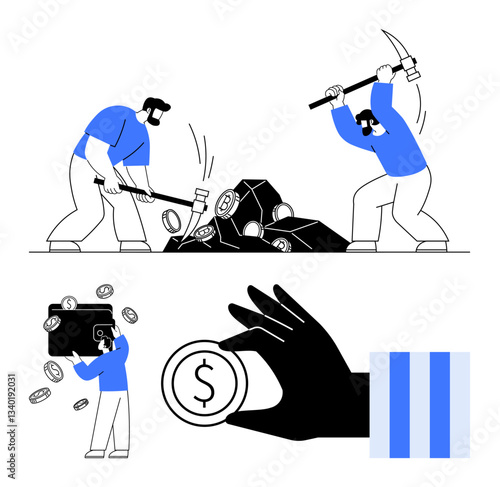 Workers breaking rocks to mine coins, collecting money in a wallet, and a hand holding a coin. Ideal for finance, cryptocurrency, savings, investments, wealth, digital currency flat simple metaphor