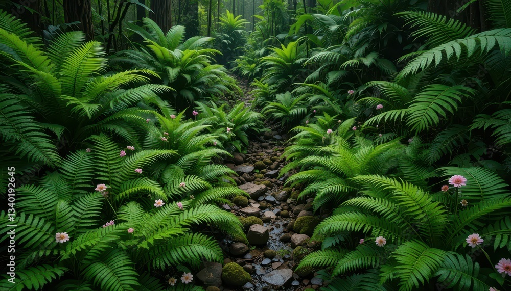 Fototapeta premium Lush Green Ferns and Delicate Flowers in a Serene Forest Pathway