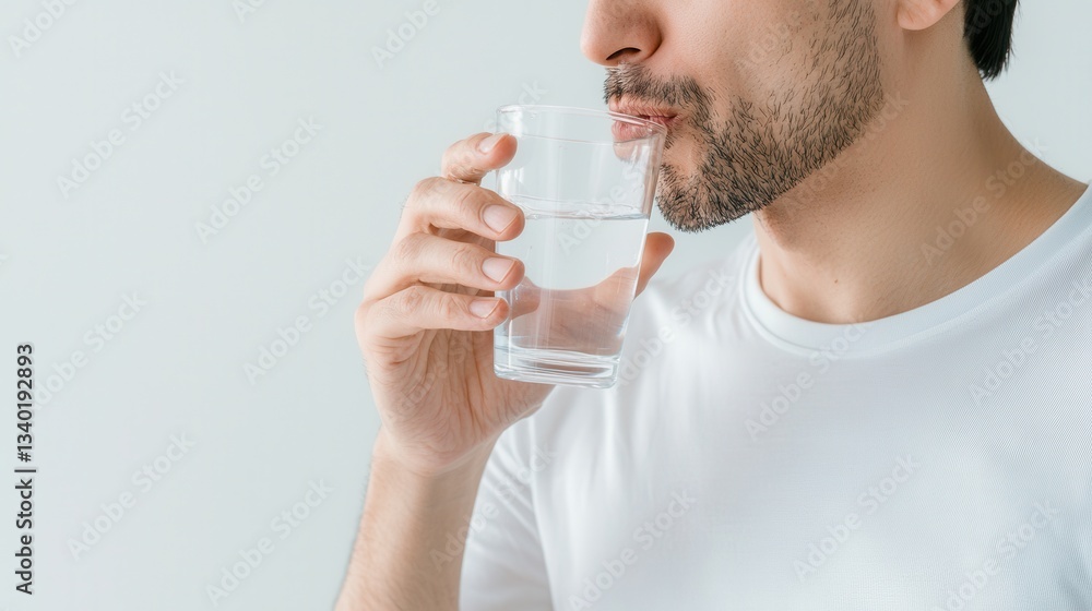 Close-up of a bearded man drinking water from a clear glass Close-up of a bearded man drinking water from a clear glass