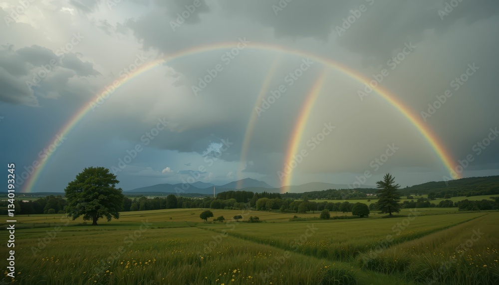 Vibrant Double Rainbow Over Green Fields and Distant Mountains Vibrant Double Rainbow Over Green Fields and Distant Mountains