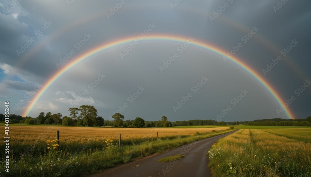 Scenic Rainbow Arc Over Golden Wheat Field After Rain Shower Scenic Rainbow Arc Over Golden Wheat Field After Rain Shower