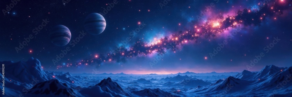 Midnight celestial showcase with sparkling stars and planets, galactic landscape, night sky Midnight celestial showcase with sparkling stars and planets, galactic landscape, night sky