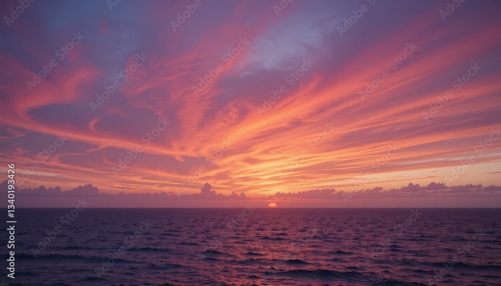 Beautiful Sunset Over Calm Ocean With Vibrant Pink and Orange Sky Beautiful Sunset Over Calm Ocean With Vibrant Pink and Orange Sky