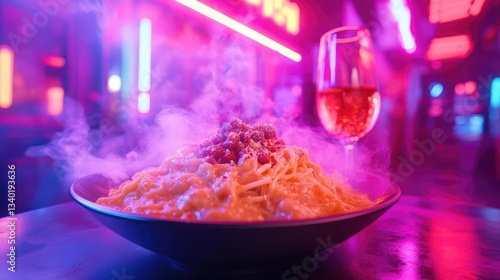 Pasta Dish with Creamy Sauce and Wine in Restaurant with Neon Lights and Vivid Colors under Dramatic Lighting at Nighttime Dinner Celebration featuring Delicious Food Styling and Culinary Art. Food