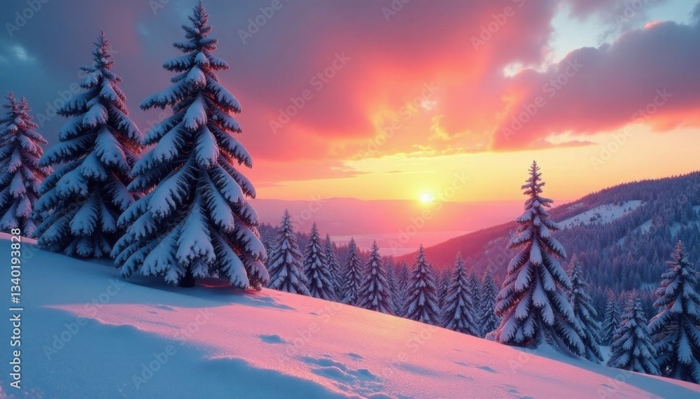 Fototapeta premium Majestic trees stand tall amidst snow as vibrant sunrise breaks, Milky Way, sunrise, snow