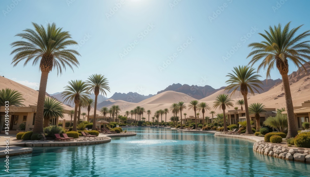 Obraz premium Serene Desert Resort Oasis with Reflections and Palm Trees