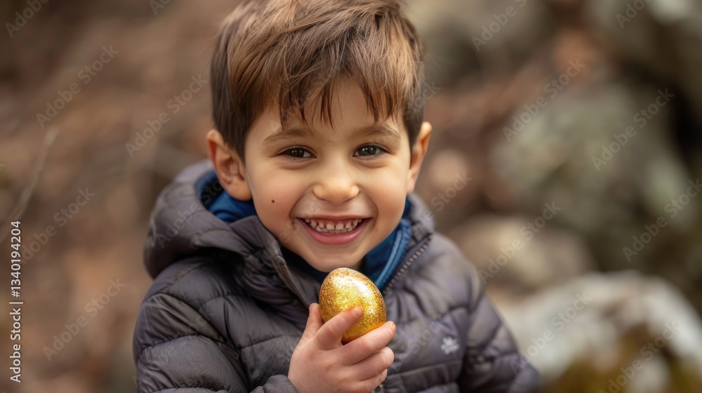 A young boy proudly showing off a golden Easter egg he found during an egg hunt A young boy proudly showing off a golden Easter egg he found during an egg hunt