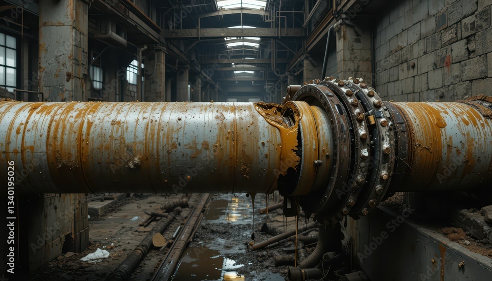 Rusted Industrial Pipe in Abandoned Factory with Dim Lighting Rusted Industrial Pipe in Abandoned Factory with Dim Lighting