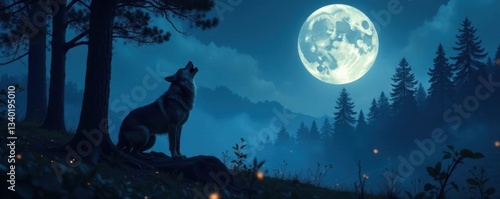 Lone wolf howling in desolate forest under a full moon, desert, wolf