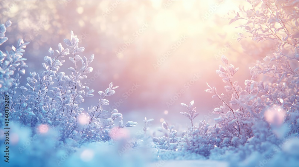 Pastel Winter Scene with Frosty Plants and Soft Light Effects by the Horizon Line with a Dreamy Atmosphere, Featuring Tranquil Colors of Pastel Pink and Blue on a Snowy Day with Calm Beauty and a Pastel Winter Scene with Frosty Plants and Soft Light Effects by the Horizon Line with a Dreamy Atmosphere, Featuring Tranquil Colors of Pastel Pink and Blue on a Snowy Day with Calm Beauty and a