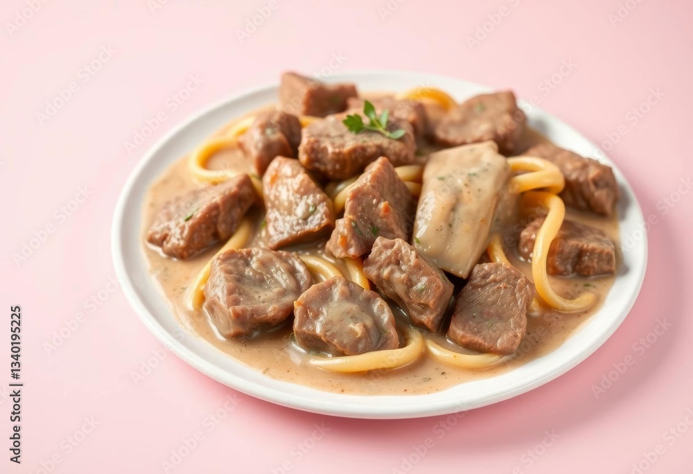 Beef stroganoff, tender beef slices in creamy sauce, pastel pink background, lunch, dish Beef stroganoff, tender beef slices in creamy sauce, pastel pink background, lunch, dish