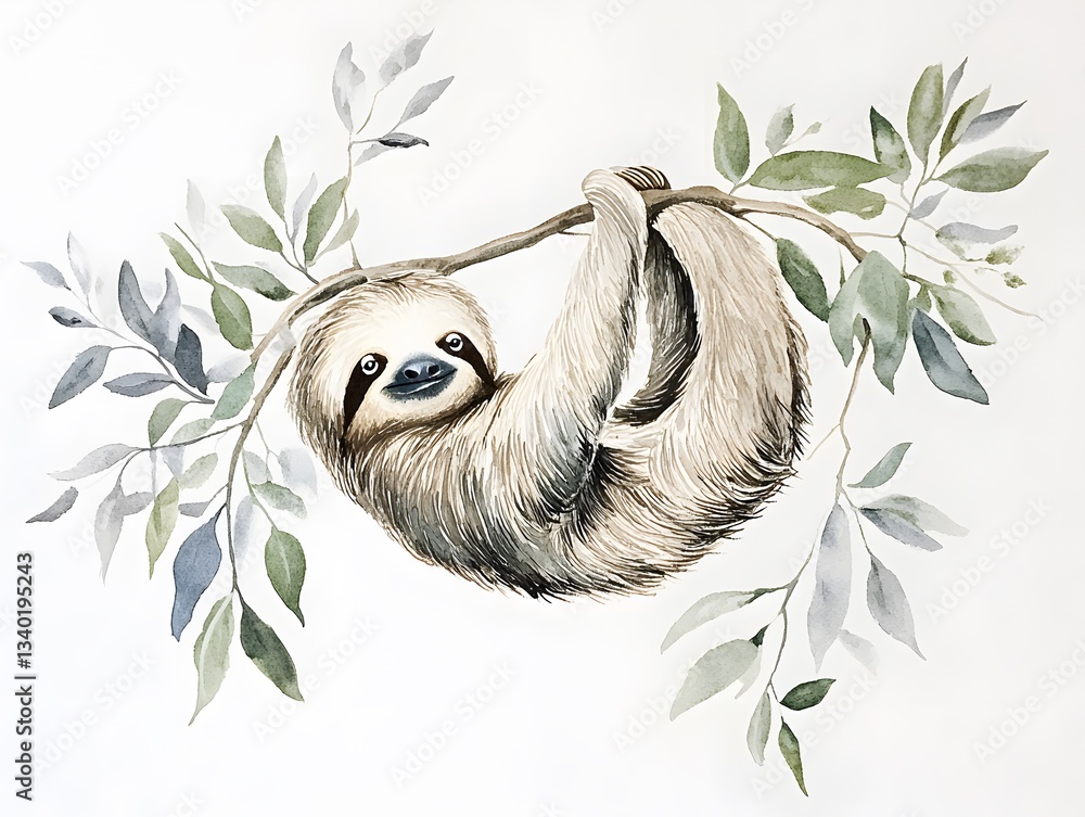 Fototapeta premium Adorable Sloth Hanging on Branch Watercolor Painting Wildlife Art