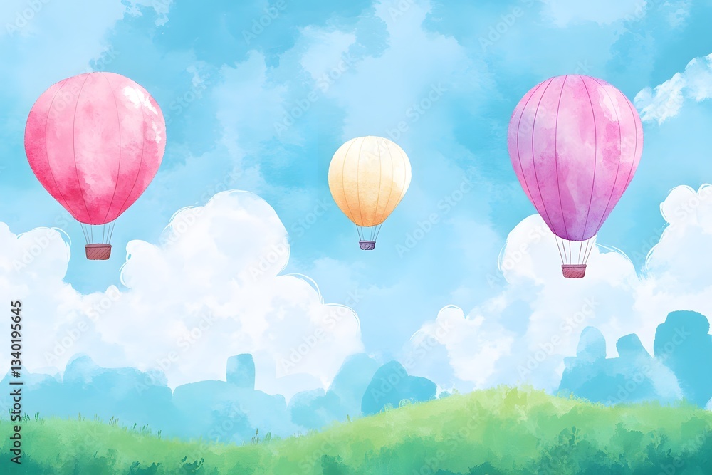 Obraz premium Watercolor Hot Air Balloons Floating Over Green Hills