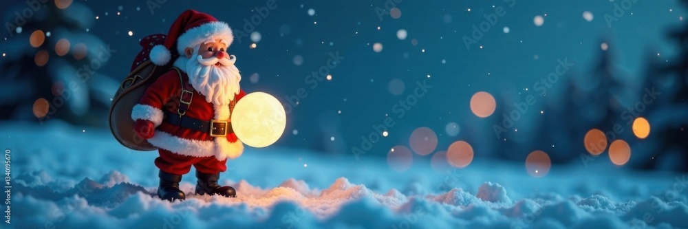 Jolly Santa with glowing ball floats over calming blue space, , glowing christmas ball Jolly Santa with glowing ball floats over calming blue space, , glowing christmas ball