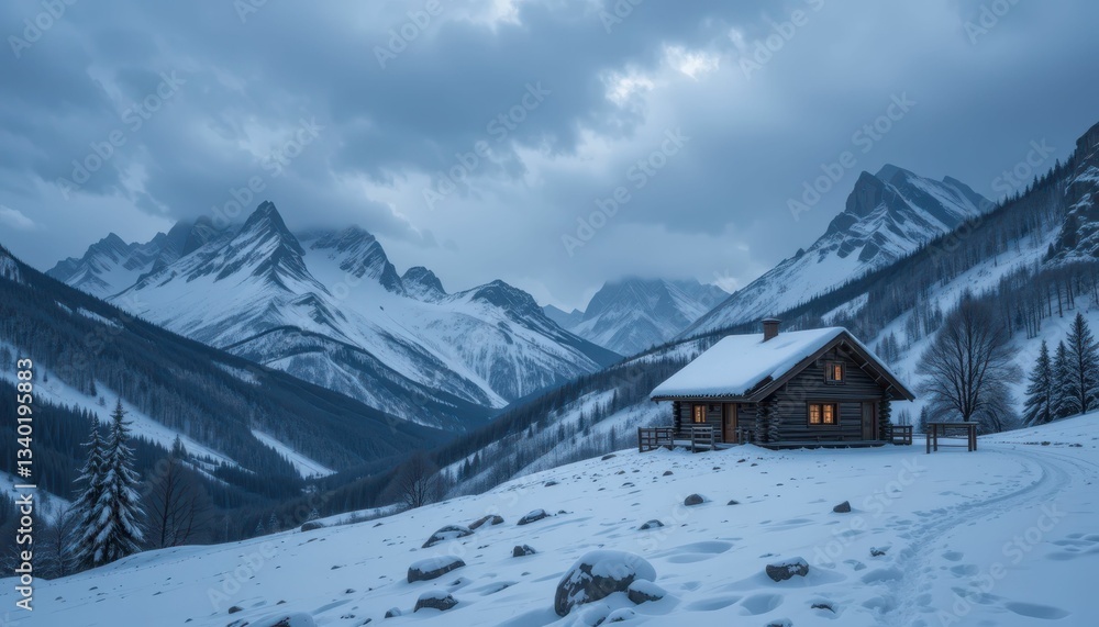 Fototapeta premium Cozy cabin in snowy mountains under moody twilight sky scene