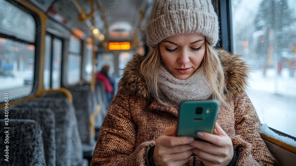 Fototapeta premium Woman using phone on a snowy day bus ride.