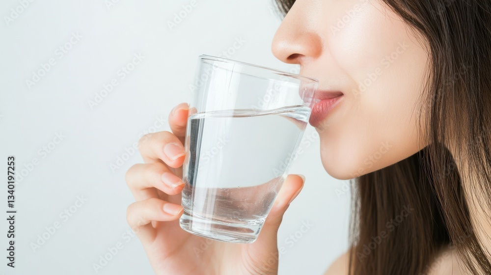 Person drinking water from a clear glass with both hands Person drinking water from a clear glass with both hands