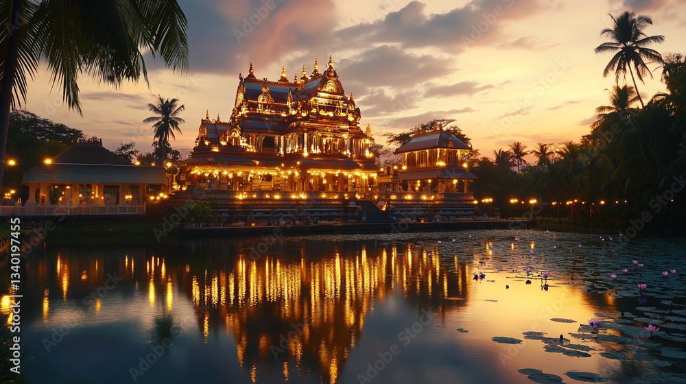 Obraz premium Traditional Temple at Sunset with Blooming Lotus Flowers on Water for Tamil New Year Puthandu Celebrations