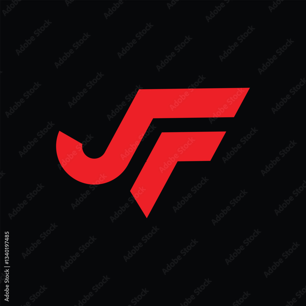 The image shows a flat monogram logo design of an initial letter JF in bright red color. The logo looks clean and sharp on a black background.
